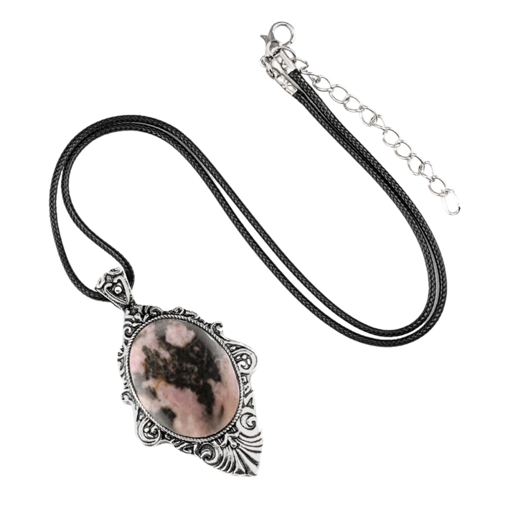 Silver Alloy Oval Cabs Stone Pendant Necklace 45CM Black Cord SN1951S