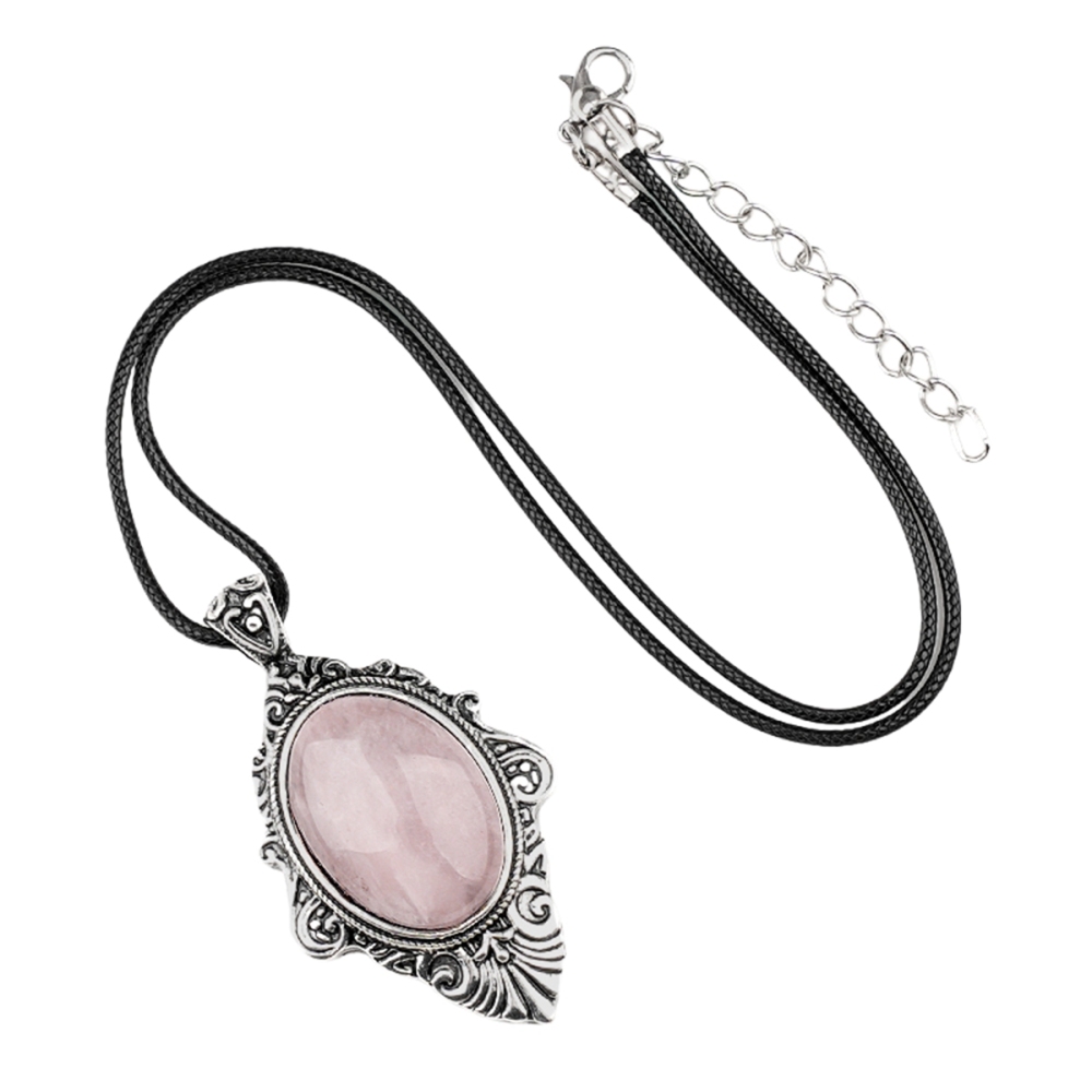 Silver Alloy Oval Cabs Stone Pendant Necklace 45CM Black Cord SN1951S