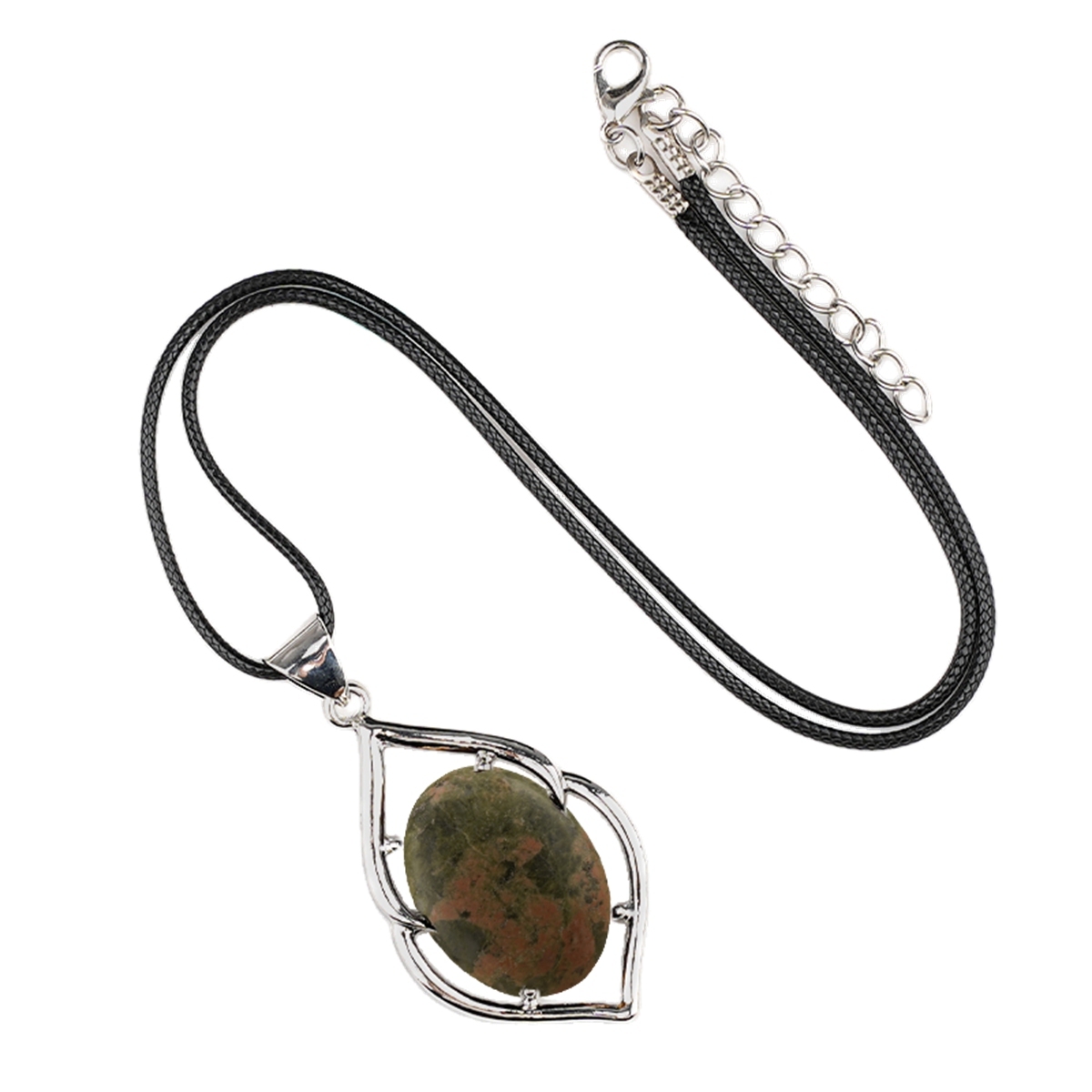 Silver Alloy Oval Cabs Stone Pendant Necklace 45cm Black Cord