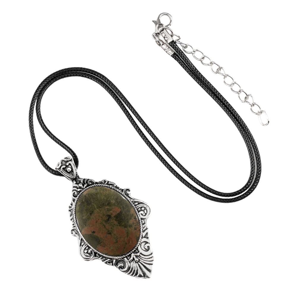 Silver Alloy Oval Cabs Stone Pendant Necklace 45CM Black Cord SN1951S
