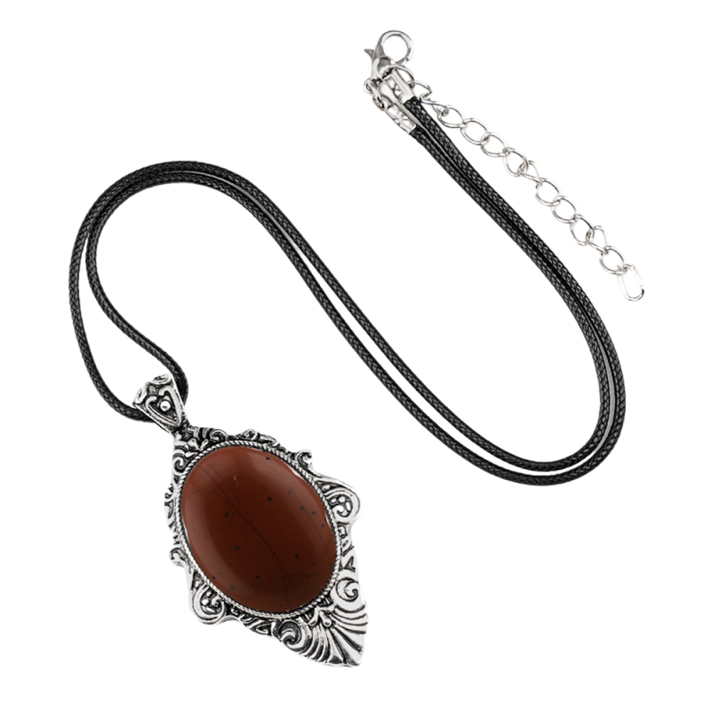 Silver Alloy Oval Cabs Stone Pendant Necklace 45CM Black Cord SN1951S