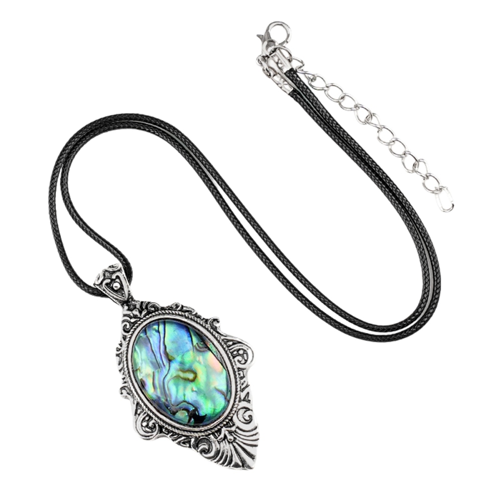 Silver Alloy Oval Cabs Stone Pendant Necklace 45CM Black Cord SN1951S