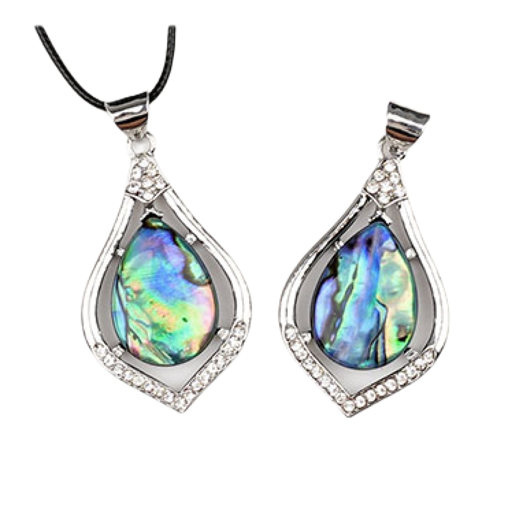 Silver Alloy Teardrop Cabs Stone Pendant Necklace 45cm Black Cord SN1952S