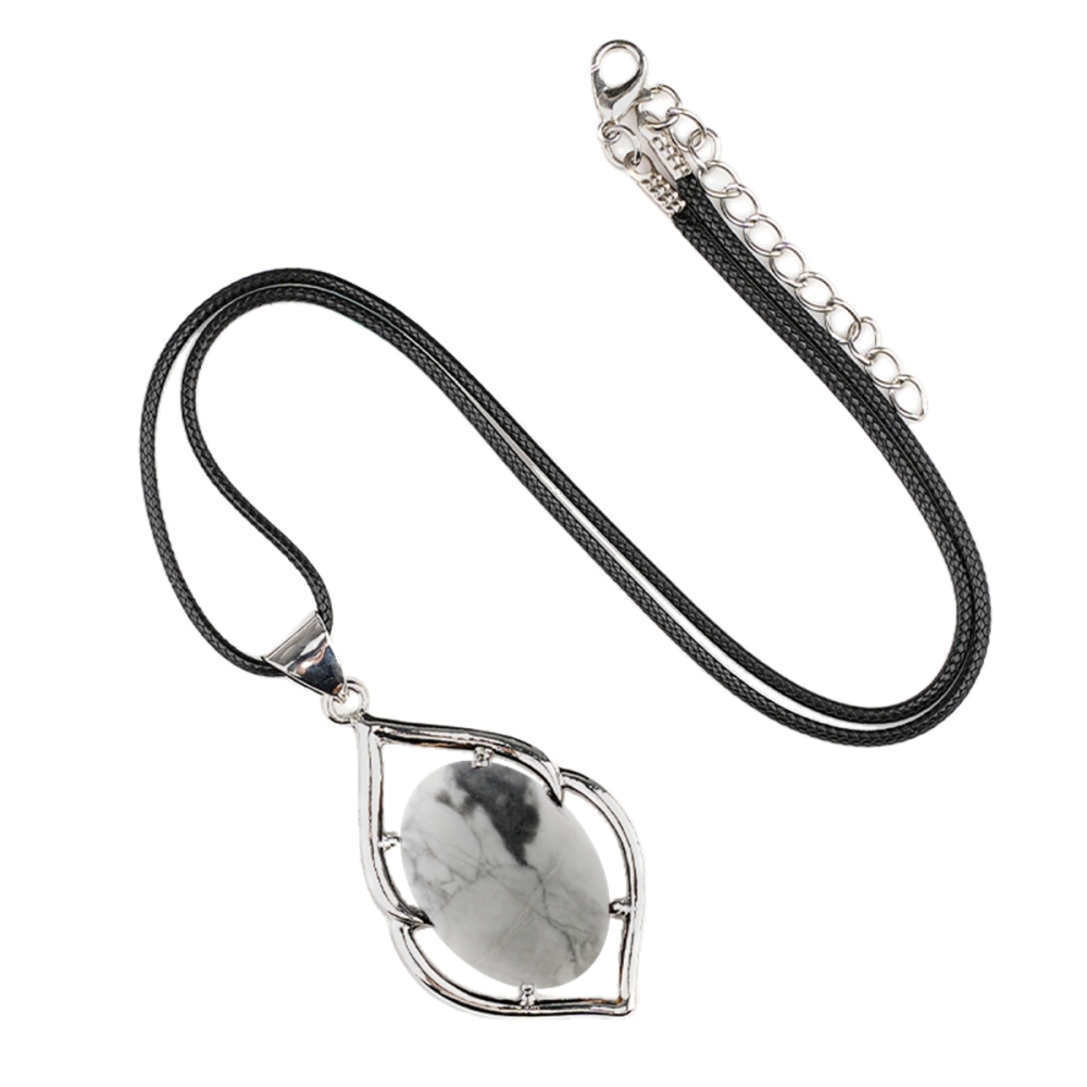 Silver Alloy Oval Cabs Stone Pendant Necklace 45cm Black Cord