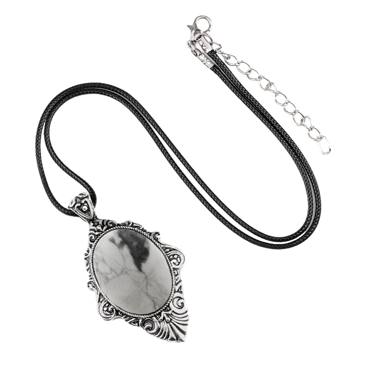 Silver Alloy Oval Cabs Stone Pendant Necklace 45CM Black Cord SN1951S