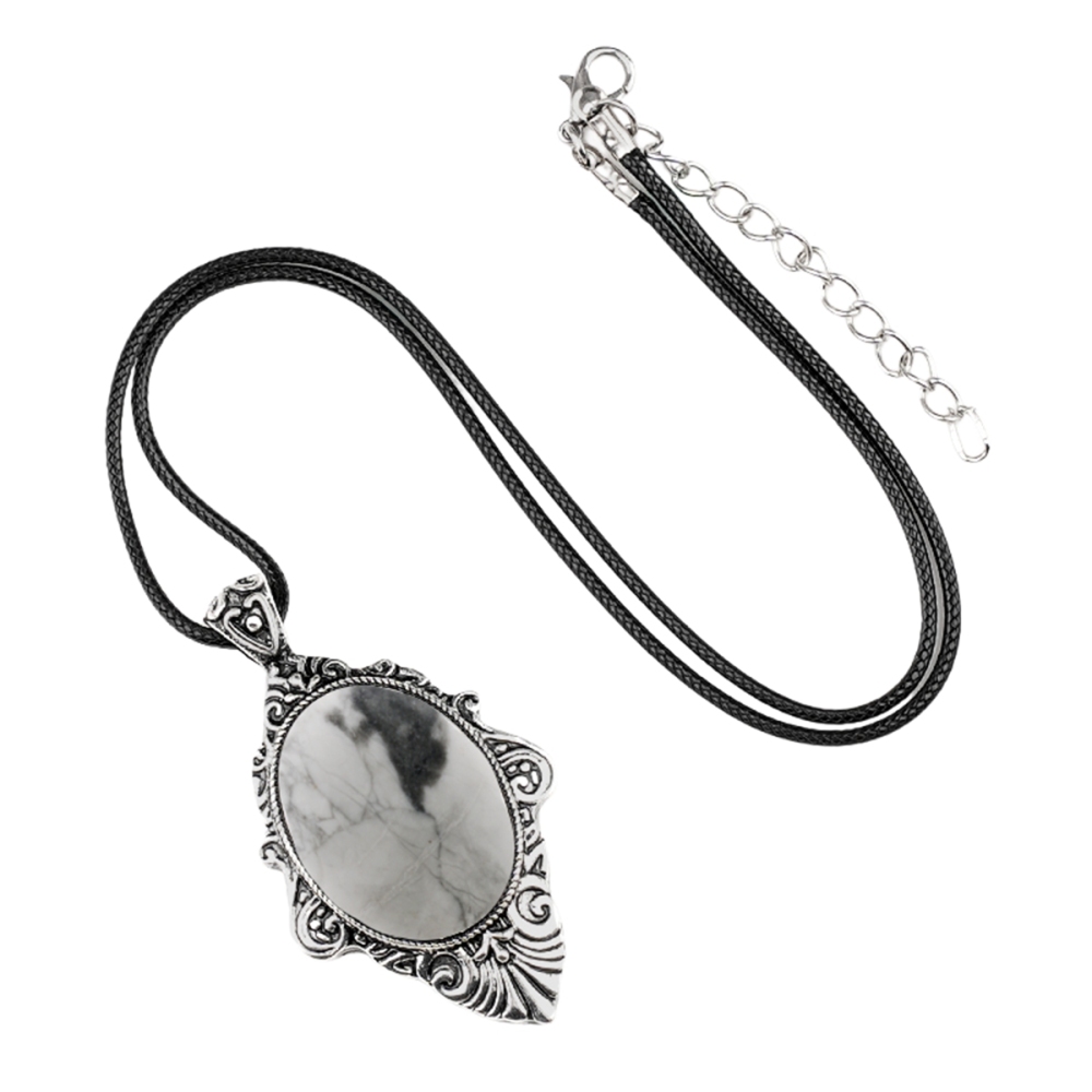 Silver Alloy Oval Cabs Stone Pendant Necklace 45CM Black Cord SN1951S