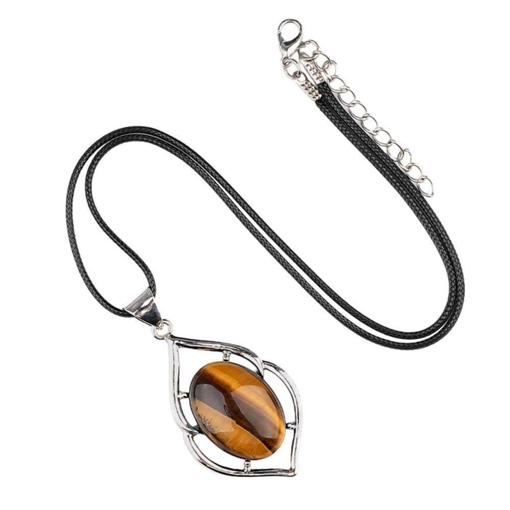 Silver Alloy Oval Cabs Stone Pendant Necklace 45cm Black Cord