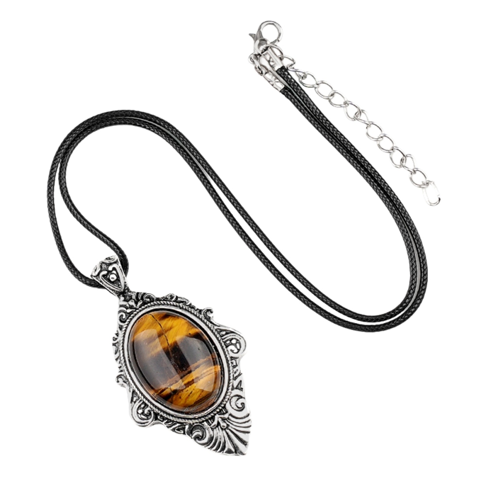 Silver Alloy Oval Cabs Stone Pendant Necklace 45CM Black Cord SN1951S