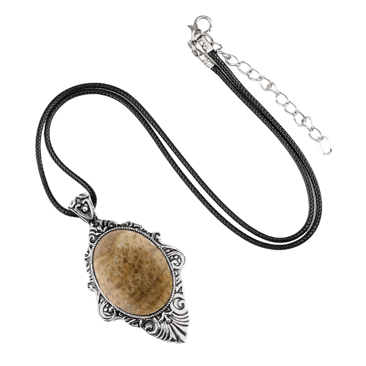 Silver Alloy Oval Cabs Stone Pendant Necklace 45CM Black Cord SN1951S
