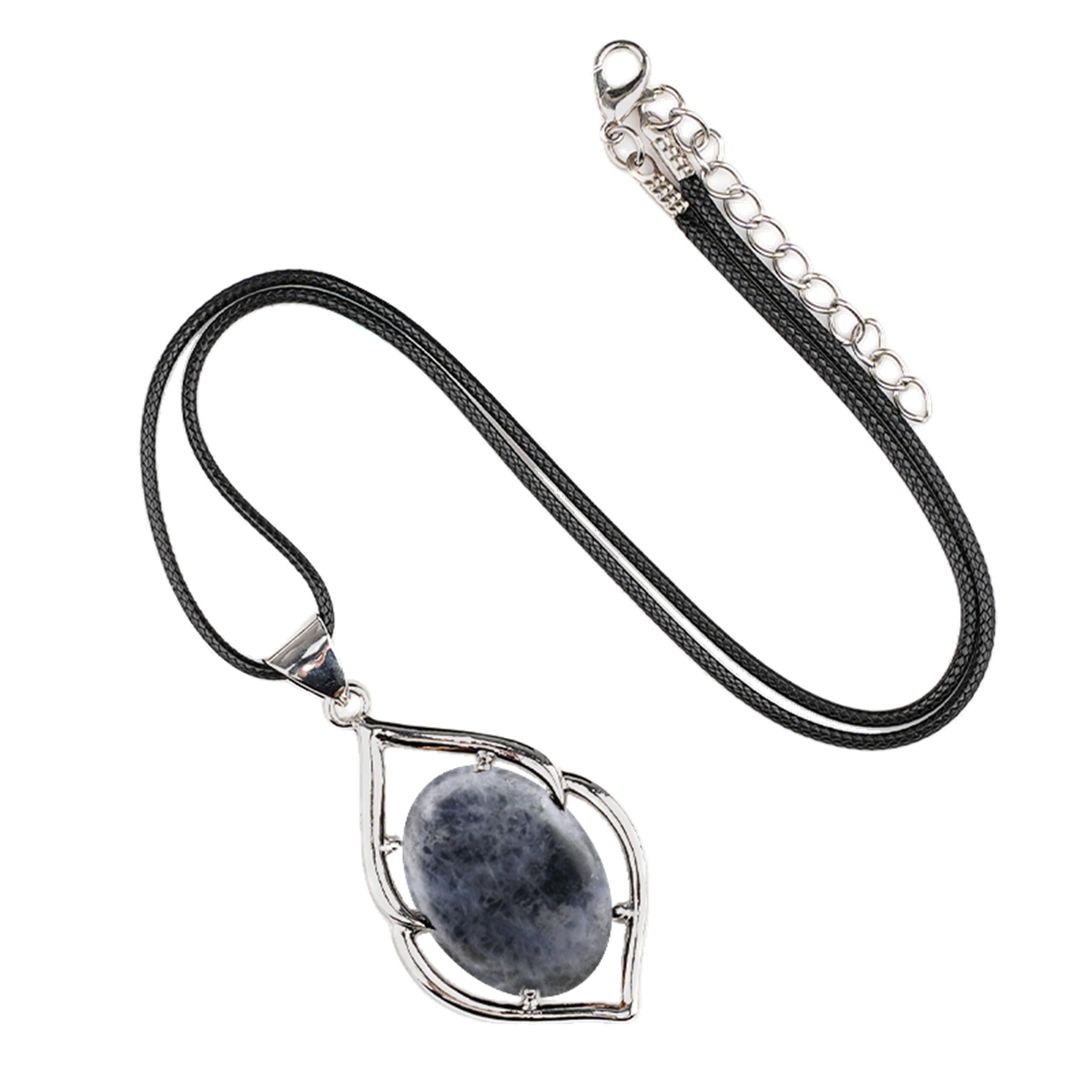Silver Alloy Oval Cabs Stone Pendant Necklace 45cm Black Cord