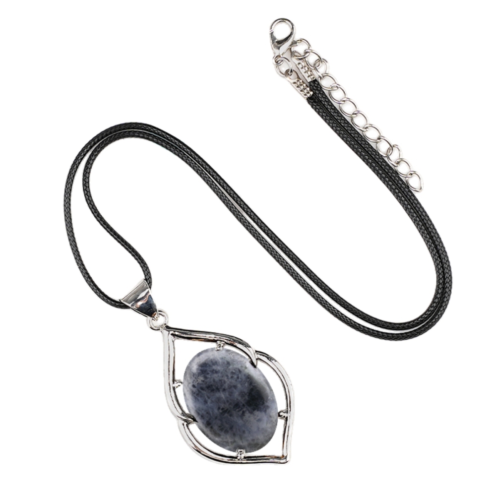 Silver Alloy Oval Cabs Stone Pendant Necklace 45cm Black Cord