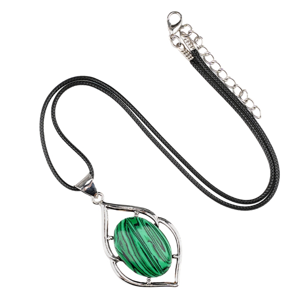 Silver Alloy Oval Cabs Stone Pendant Necklace 45cm Black Cord