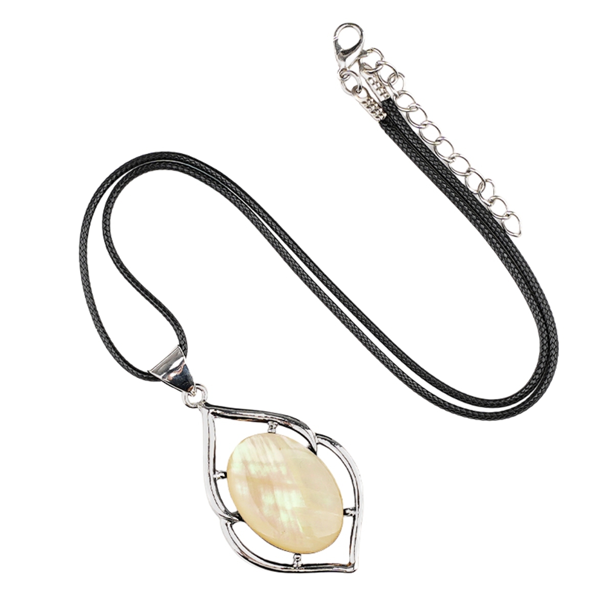 Silver Alloy Oval Cabs Stone Pendant Necklace 45cm Black Cord