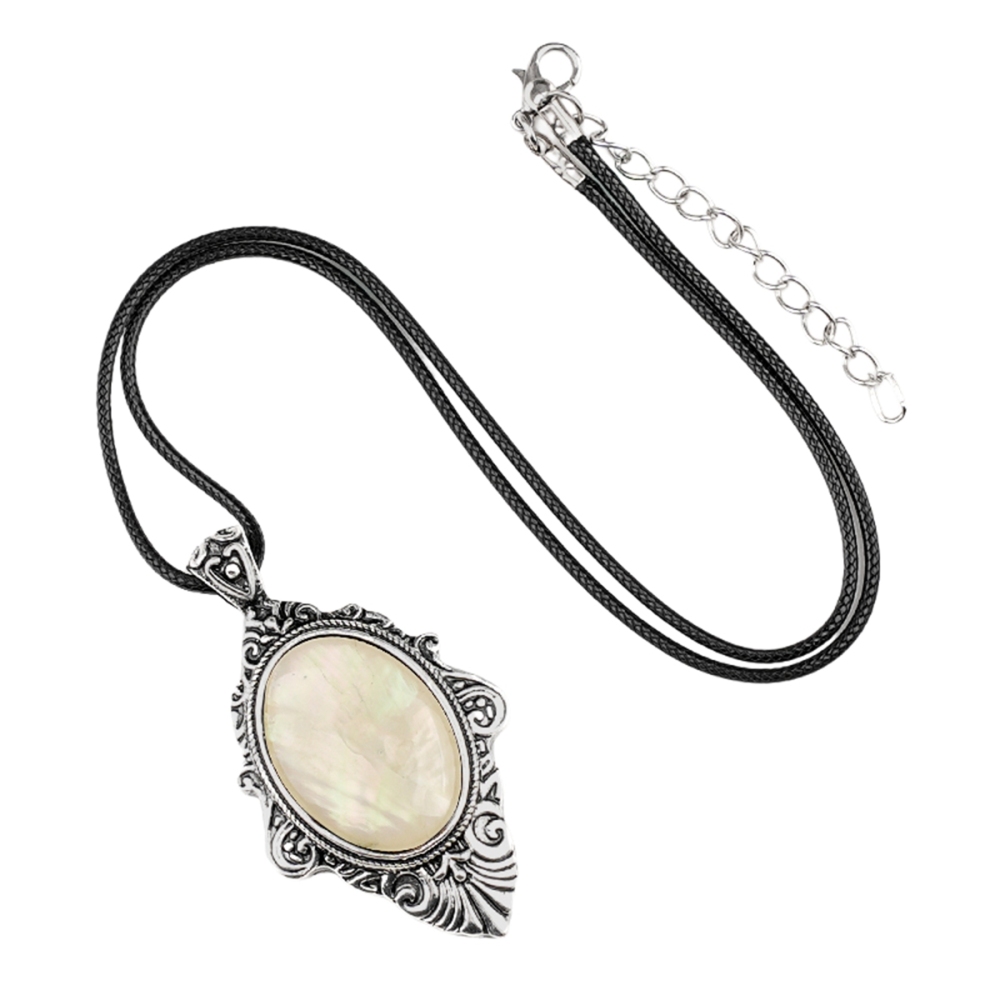 Silver Alloy Oval Cabs Stone Pendant Necklace 45CM Black Cord SN1951S