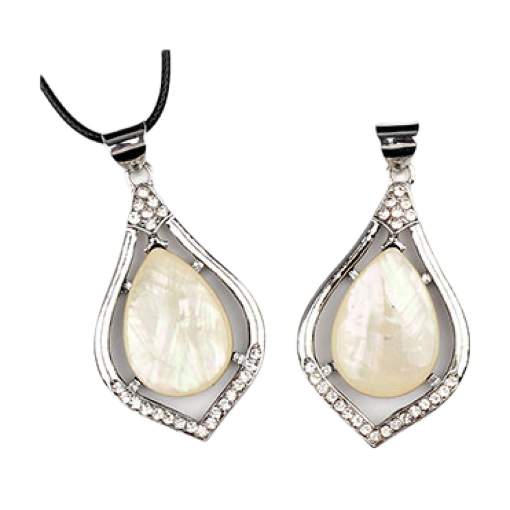 Silver Alloy Teardrop Cabs Stone Pendant Necklace 45cm Black Cord SN1952S