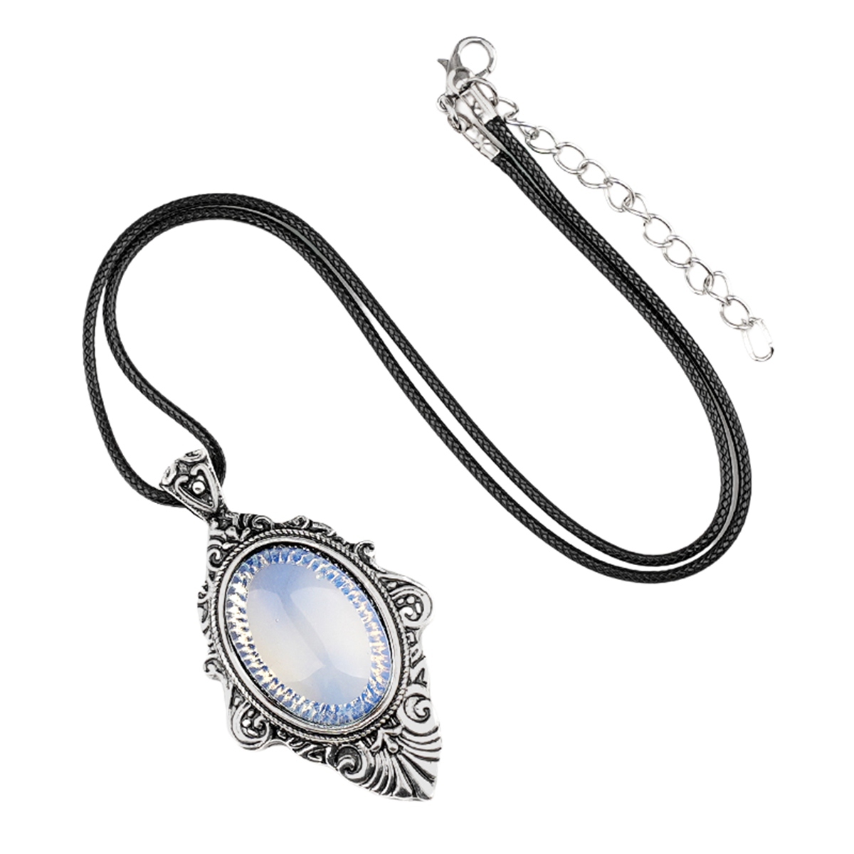 Silver Alloy Oval Cabs Stone Pendant Necklace 45CM Black Cord SN1951S