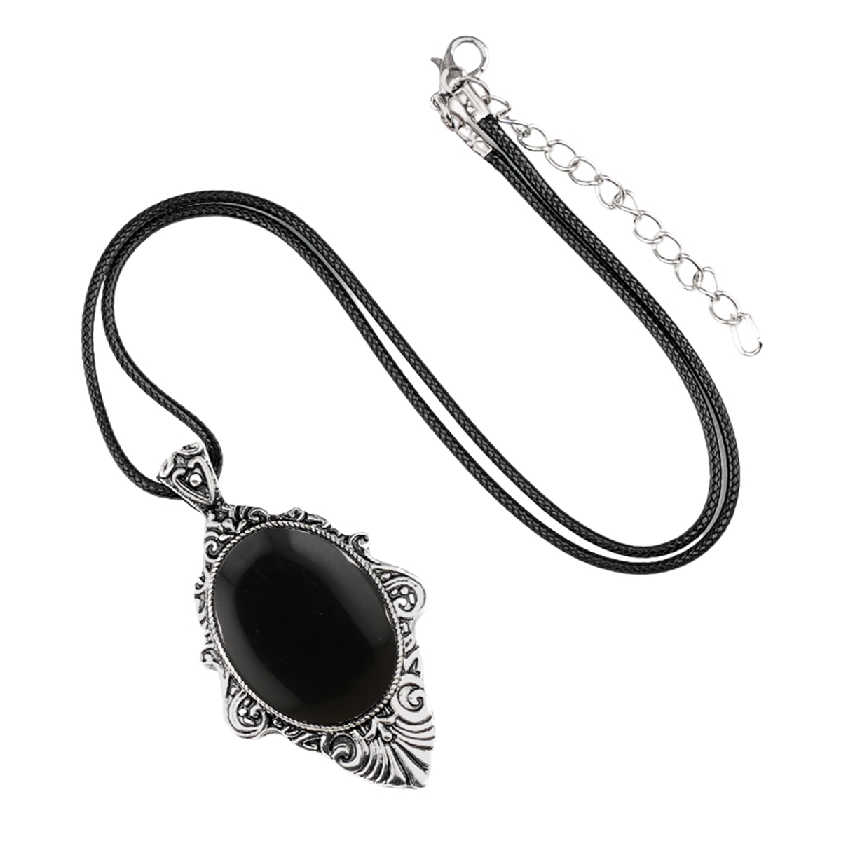 Silver Alloy Oval Cabs Stone Pendant Necklace 45CM Black Cord SN1951S
