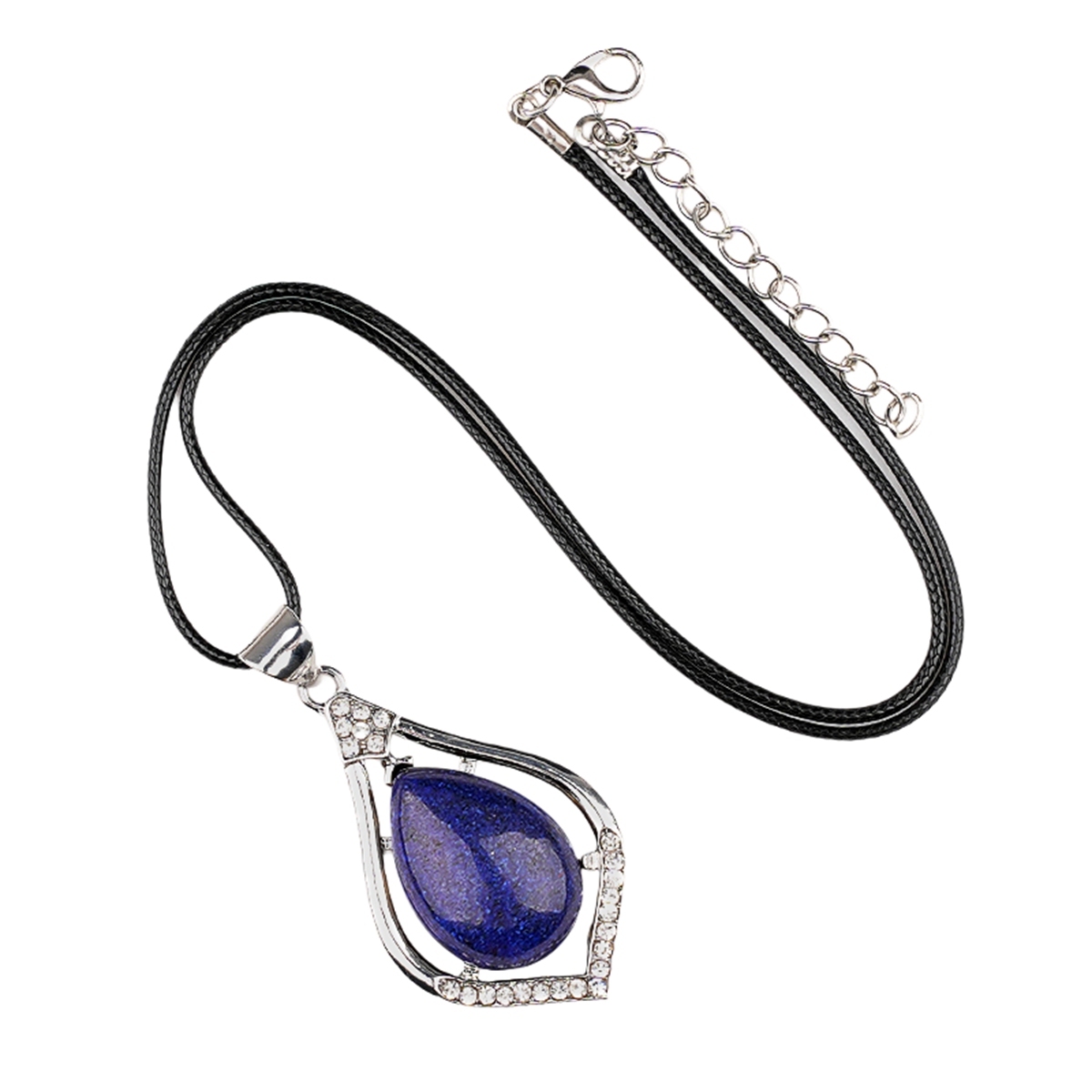 Silver Alloy Teardrop Cabs Stone Pendant Necklace 45cm Black Cord SN1952S