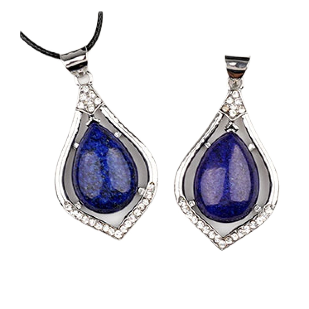Silver Alloy Teardrop Cabs Stone Pendant Necklace 45cm Black Cord SN1952S