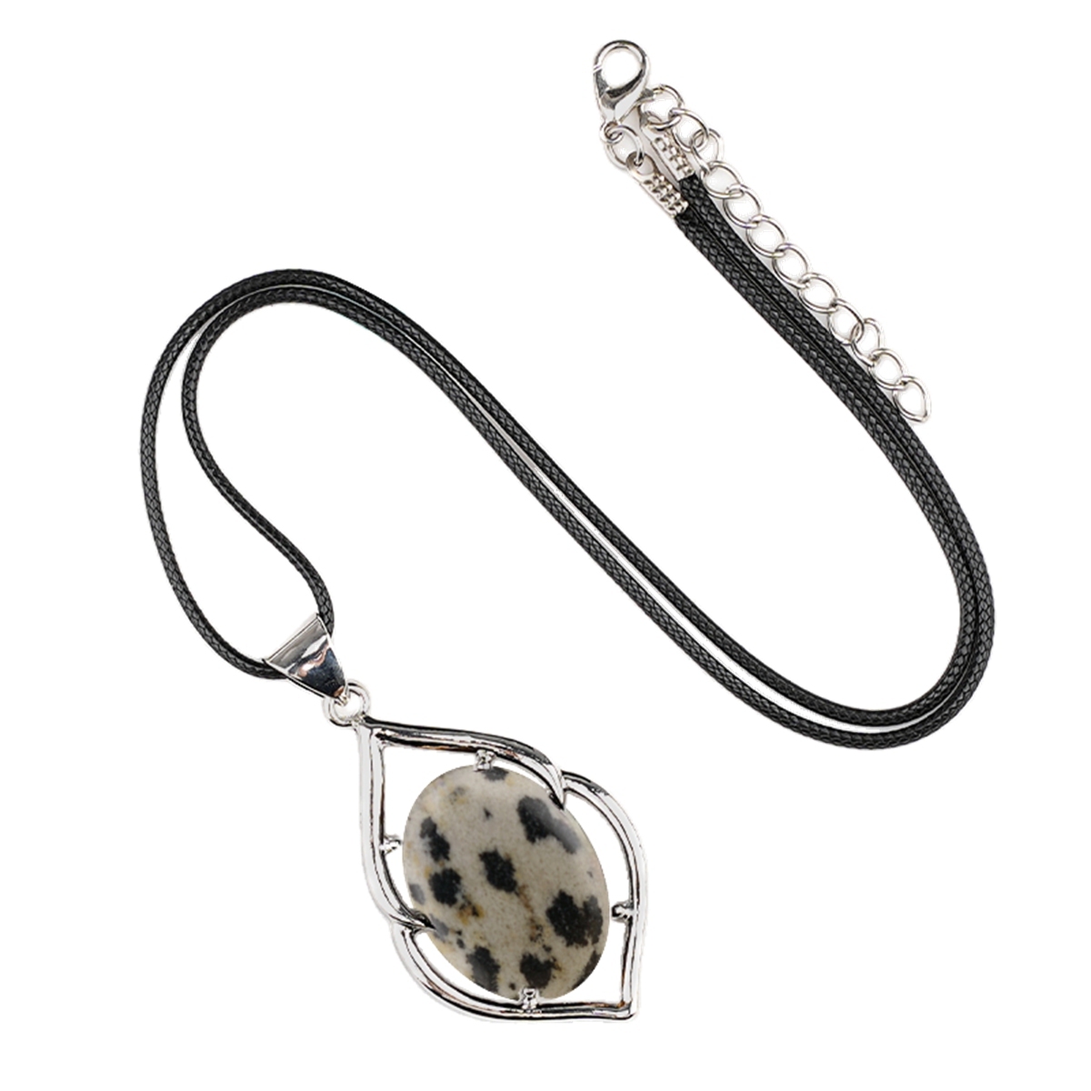 Silver Alloy Oval Cabs Stone Pendant Necklace 45cm Black Cord