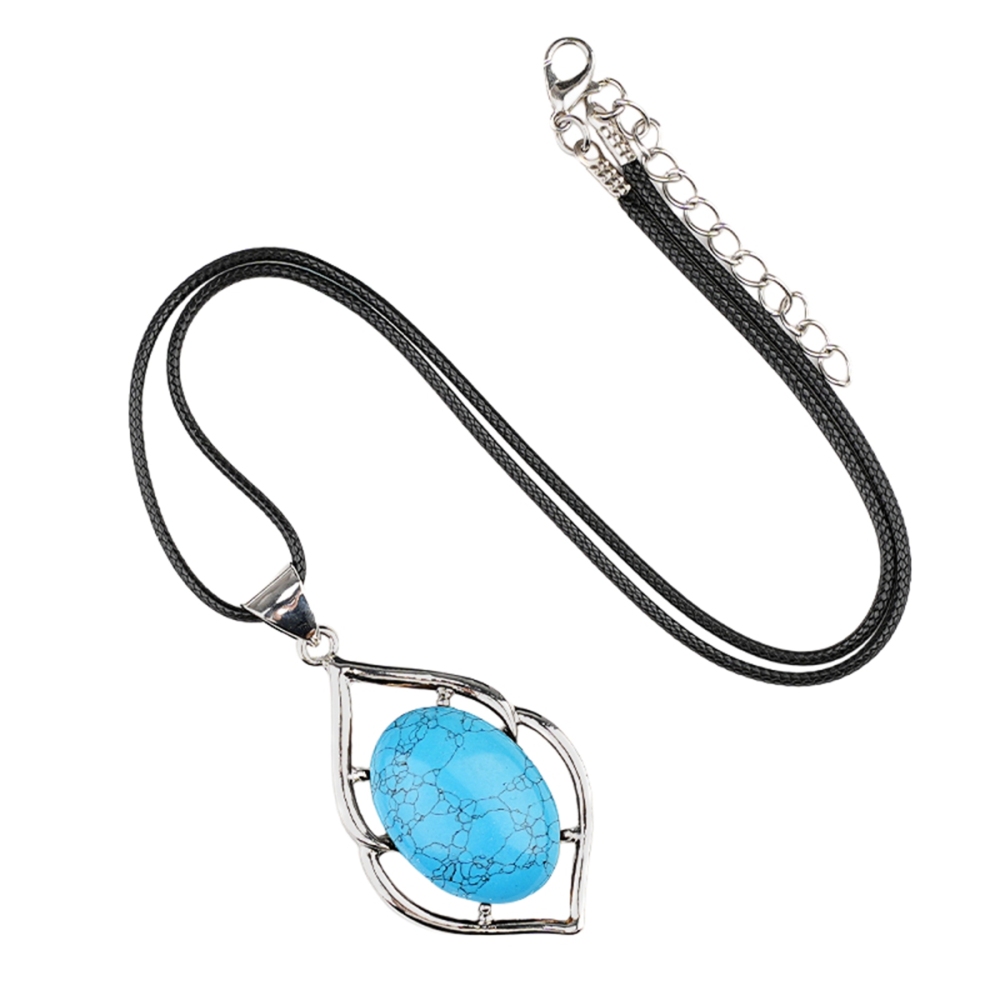 Silver Alloy Oval Cabs Stone Pendant Necklace 45cm Black Cord