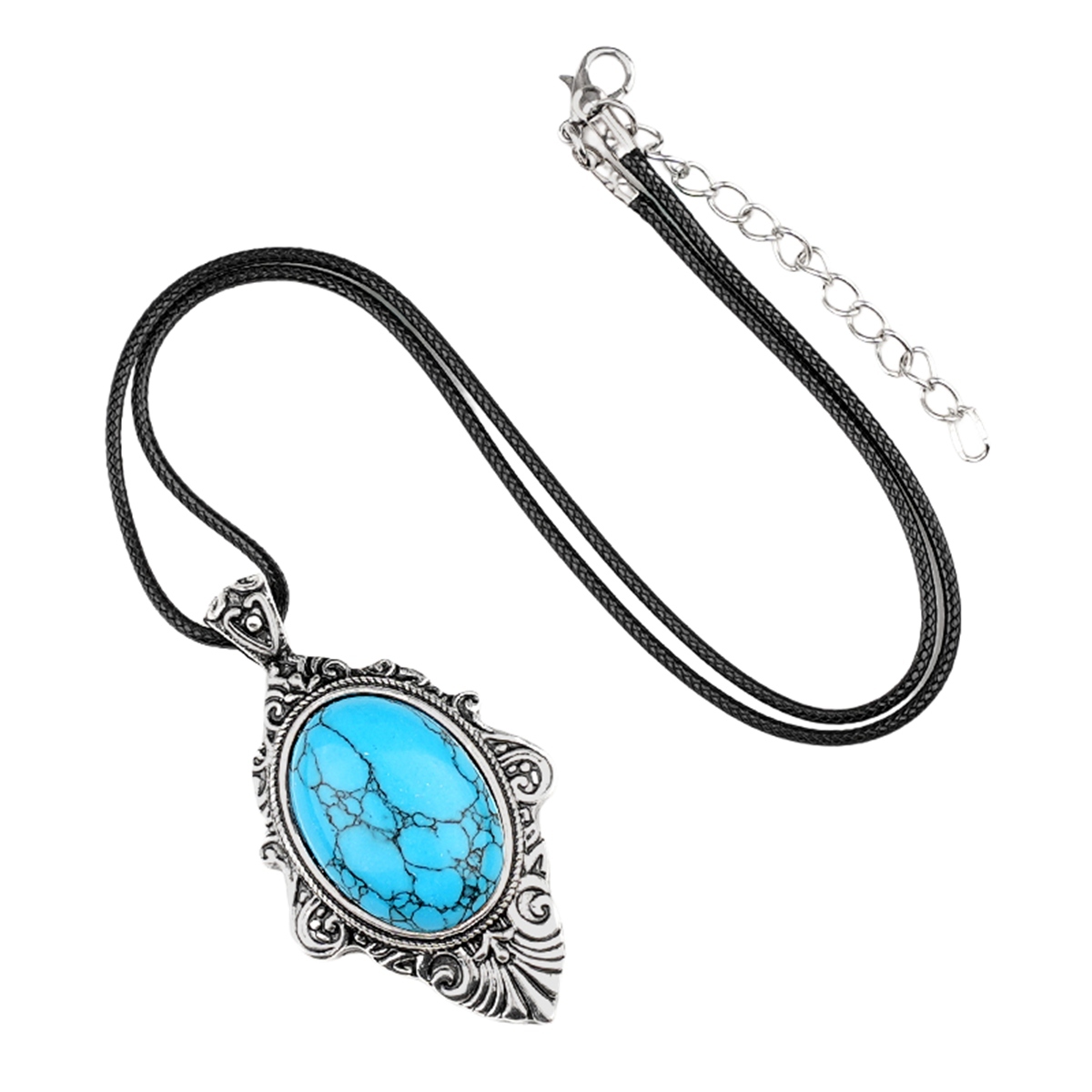 Silver Alloy Oval Cabs Stone Pendant Necklace 45CM Black Cord SN1951S