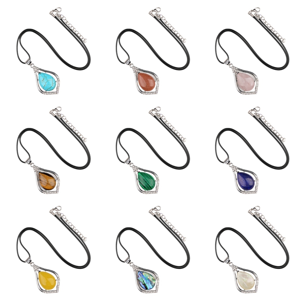 Silver Alloy Teardrop Cabs Stone Pendant Necklace 45cm Black Cord SN1952S