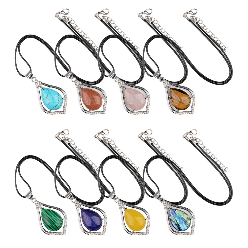 Silver Alloy Teardrop Cabs Stone Pendant Necklace 45cm Black Cord SN1952S