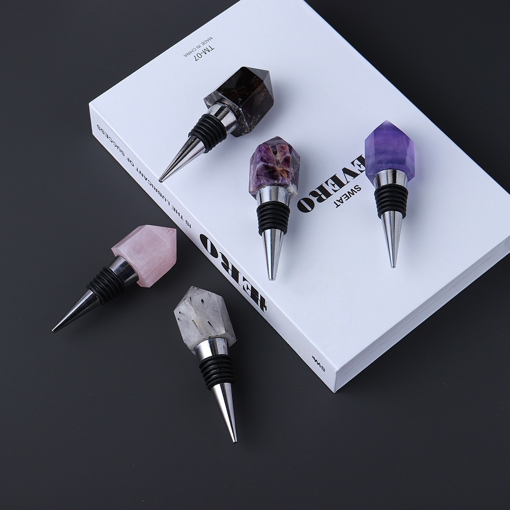 Faceted Hexagonal Pyramid Gemstone Stainless Steel Bottle Stopper
