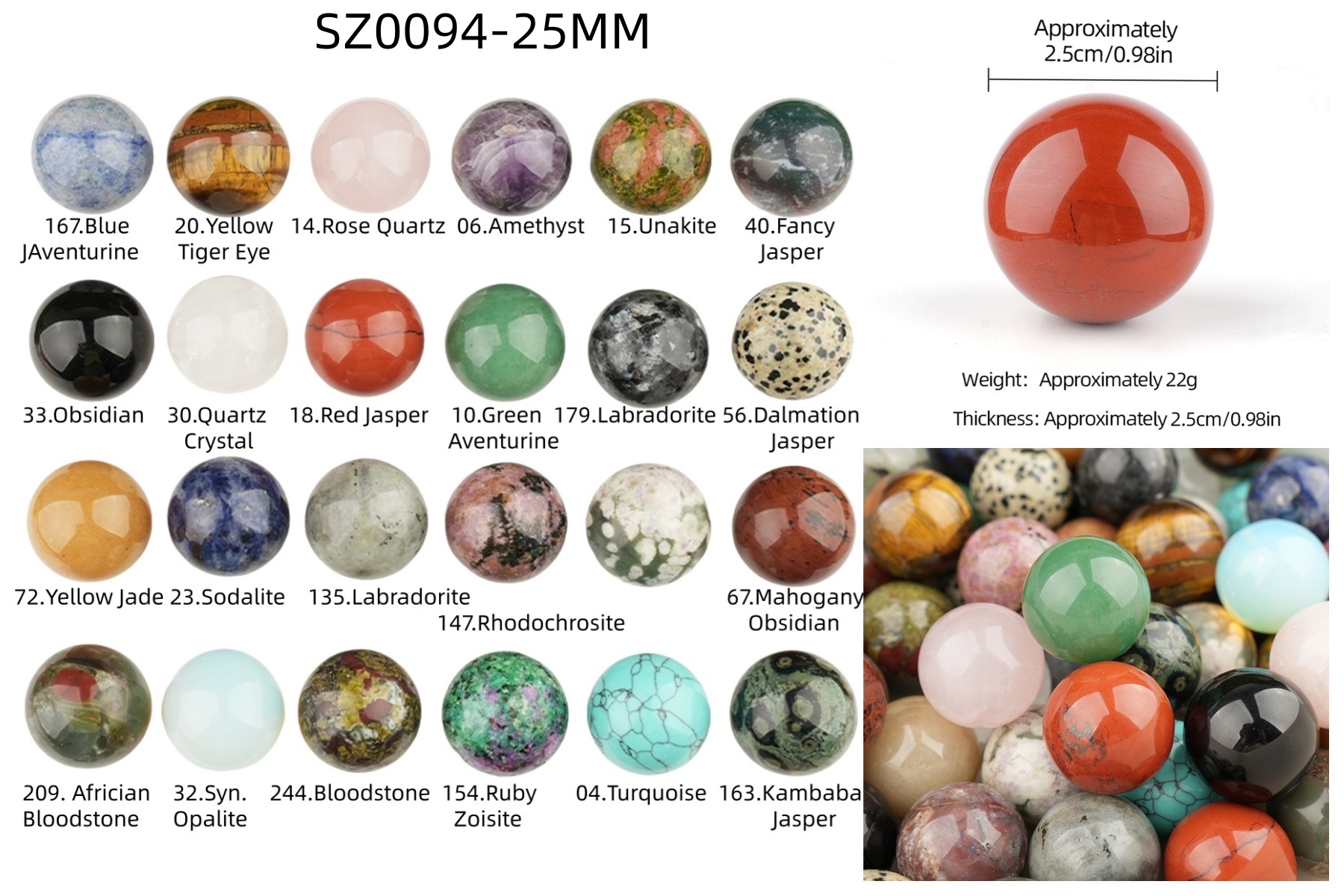 25mm Natural Round Gemstone Beads Sphere Without Hole