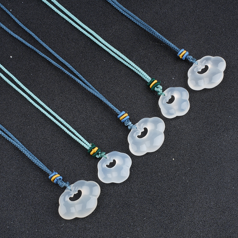 White Agate Chalcedony Xiangyun Pendant Necklace Adjustable Color Rope