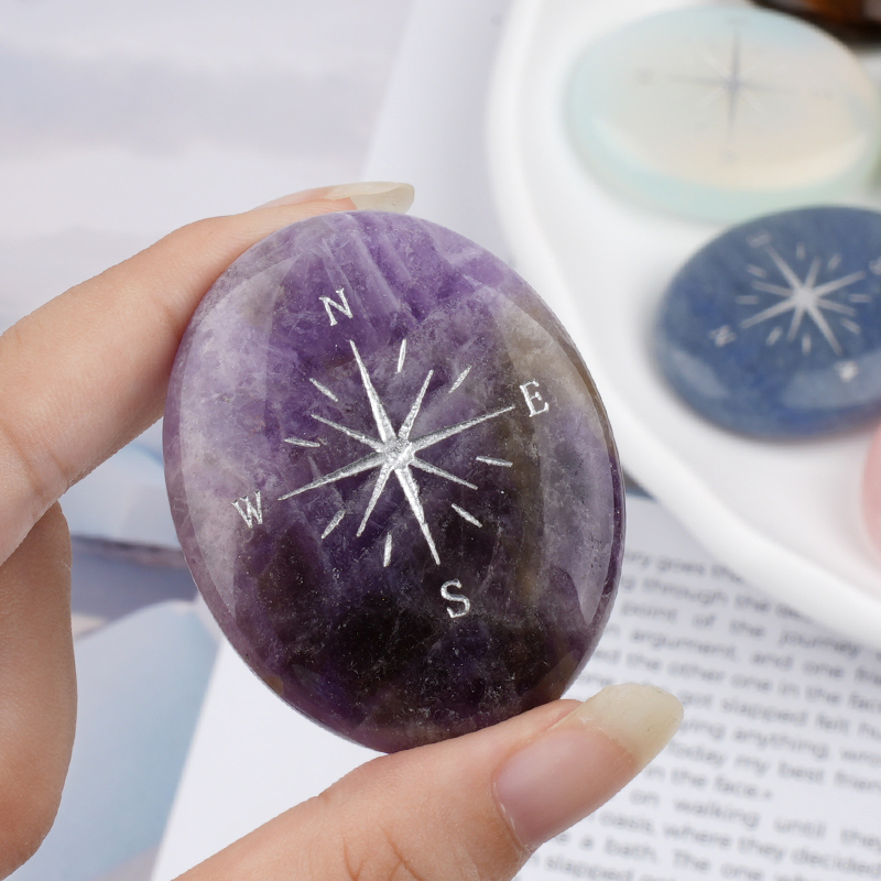 38X48MM Oval Palm Stone & Silver Compas Pebble Energy Worry Pocket Gemstone