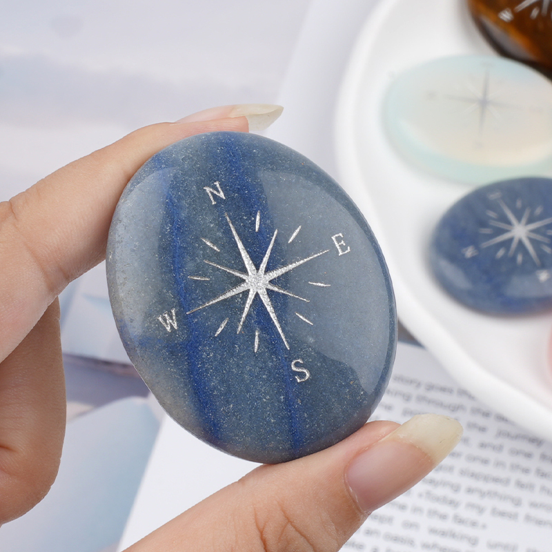 38X48MM Oval Palm Stone & Silver Compas Pebble Energy Worry Pocket Gemstone