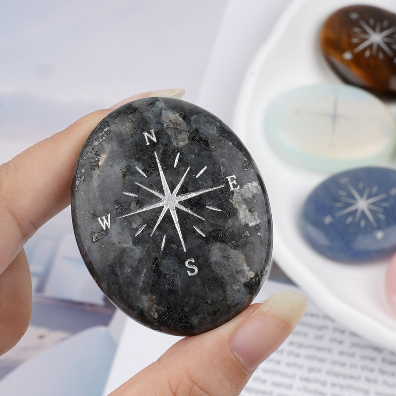 38X48MM Oval Palm Stone & Silver Compas Pebble Energy Worry Pocket Gemstone