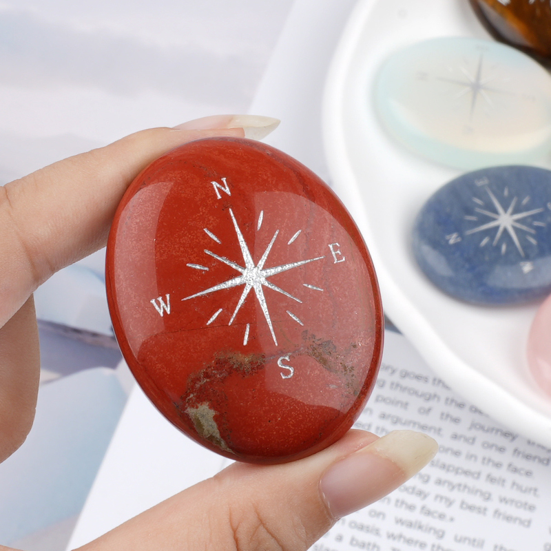 38X48MM Oval Palm Stone & Silver Compas Pebble Energy Worry Pocket Gemstone