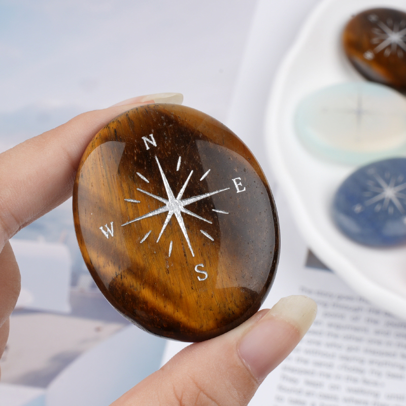 38X48MM Oval Palm Stone & Silver Compas Pebble Energy Worry Pocket Gemstone