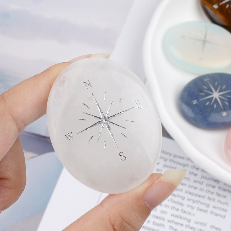 38X48MM Oval Palm Stone & Silver Compas Pebble Energy Worry Pocket Gemstone