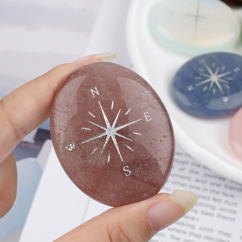 38X48MM Oval Palm Stone & Silver Compas Pebble Energy Worry Pocket Gemstone