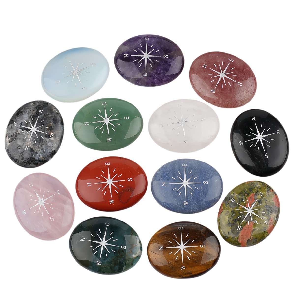 38X48MM Oval Palm Stone & Silver Compas Pebble Energy Worry Pocket Gemstone