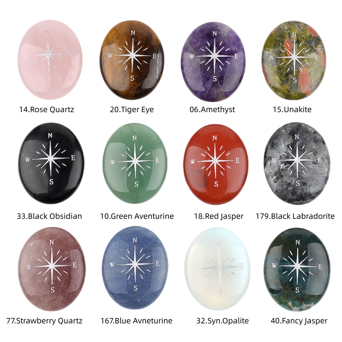 38X48MM Oval Palm Stone & Silver Compas Pebble Energy Worry Pocket Gemstone