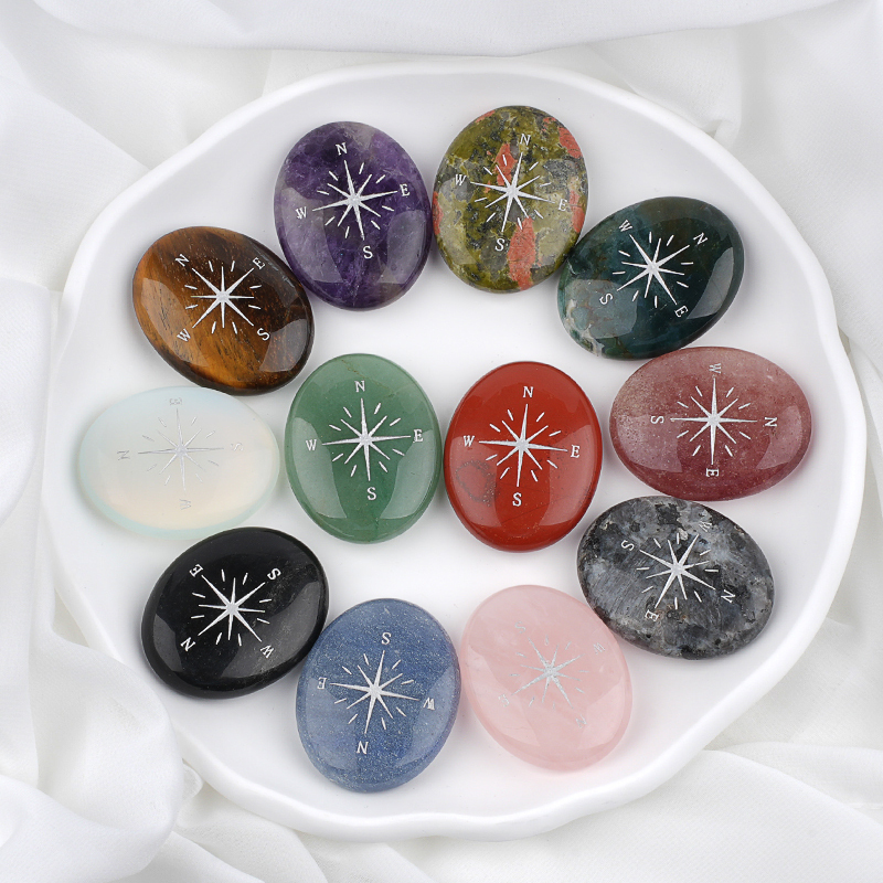 38X48MM Oval Palm Stone & Silver Compas Pebble Energy Worry Pocket Gemstone