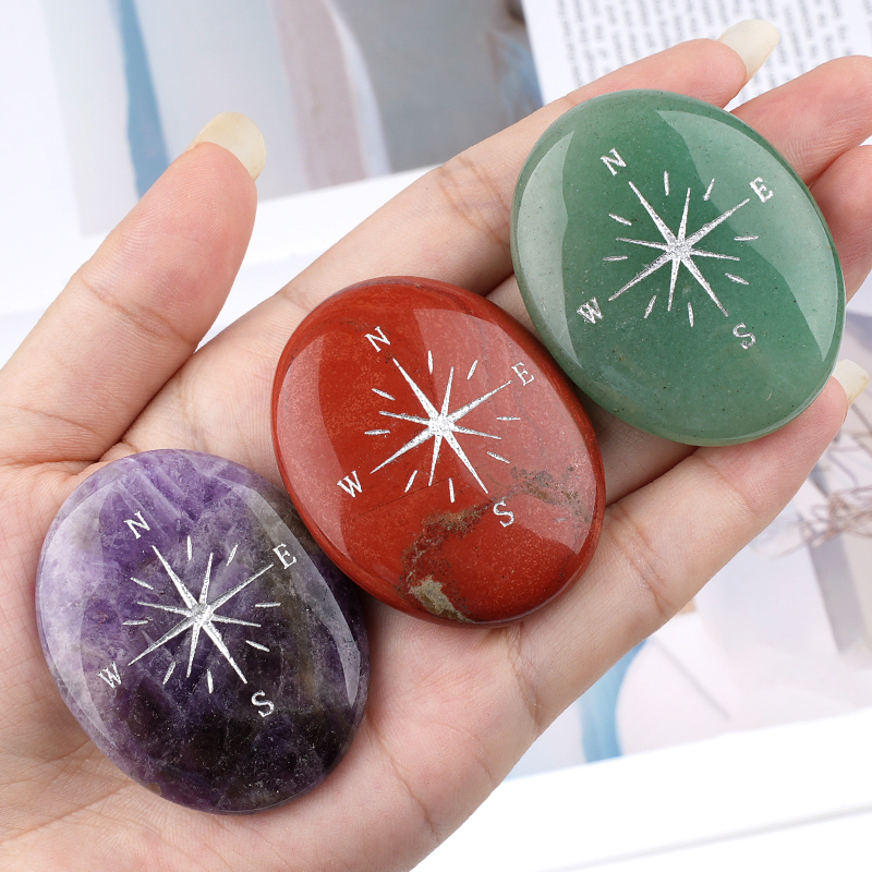 38X48MM Oval Palm Stone & Silver Compas Pebble Energy Worry Pocket Gemstone