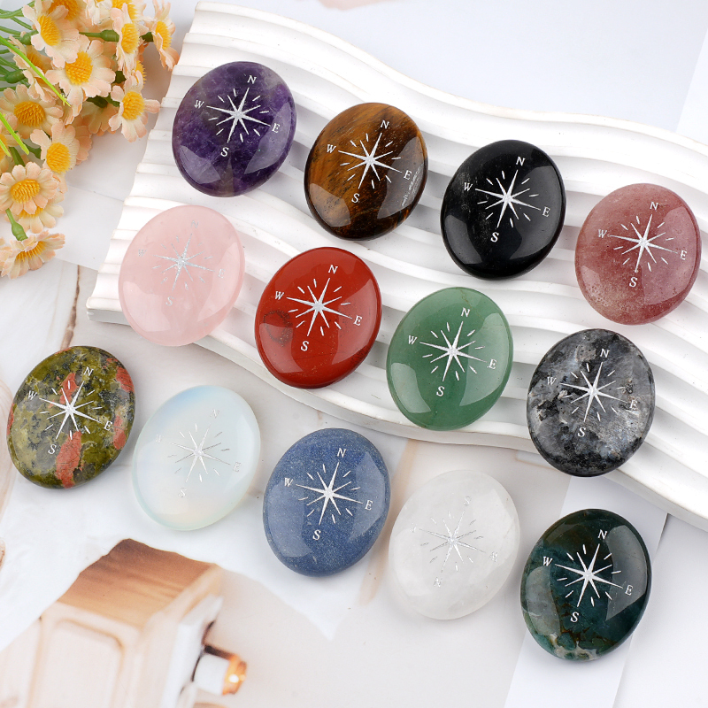 38X48MM Oval Palm Stone & Silver Compas Pebble Energy Worry Pocket Gemstone