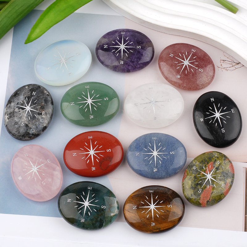 38X48MM Oval Palm Stone & Silver Compas Pebble Energy Worry Pocket Gemstone