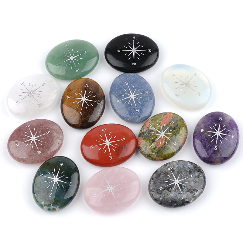 38X48MM Oval Palm Stone & Silver Compas Pebble Energy Worry Pocket Gemstone