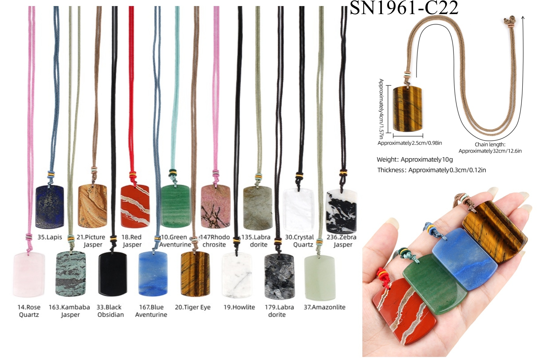 25X40MM Rectangle Gemstone Pendant Necklace Adjustable Rope