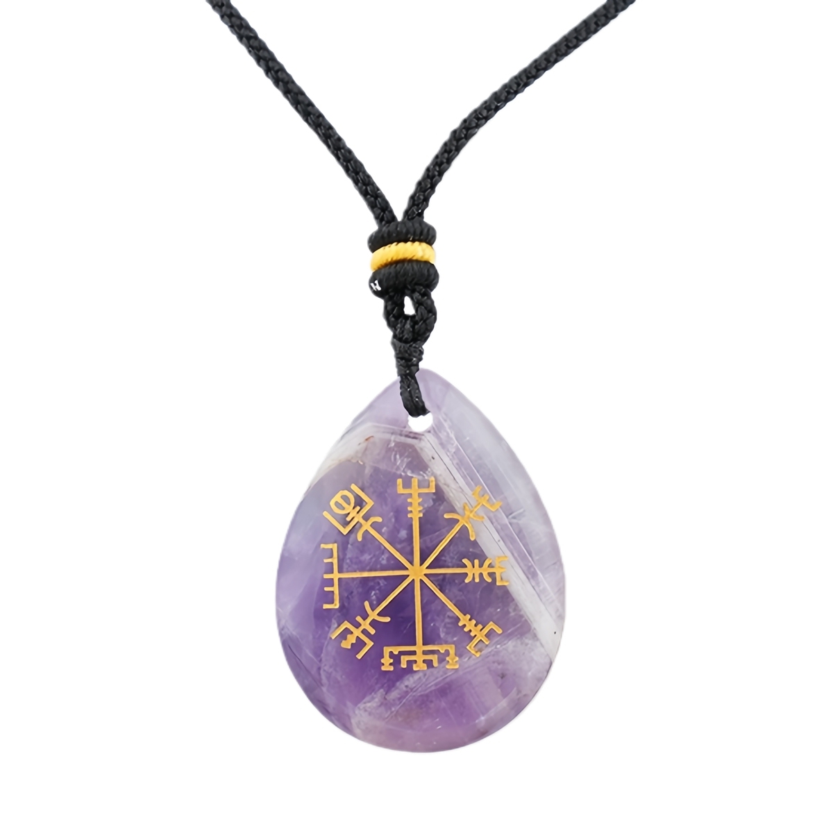 Gold Directional Sign & Aim Teardrop Gemstone Pendant Necklace Adjustable Black Rope