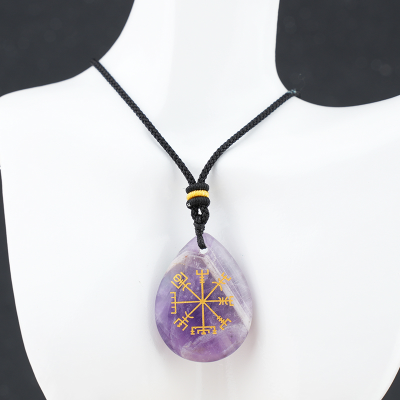 Gold Directional Sign & Aim Teardrop Gemstone Pendant Necklace Adjustable Black Rope