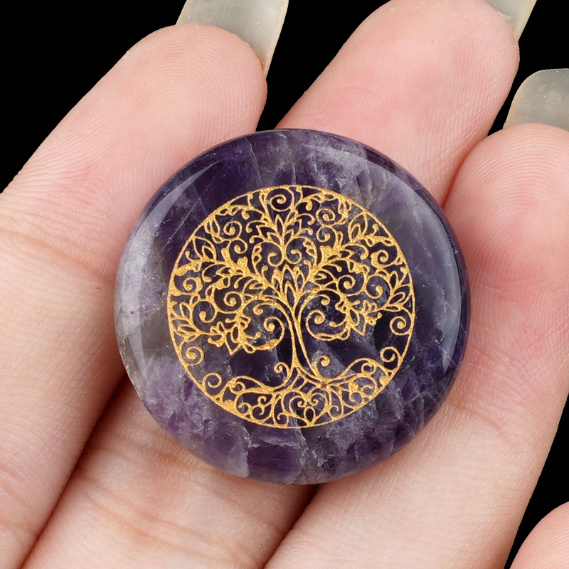 Gemstone 25MM Circular Disc Ornament Handmade Craved Pattern-Life of Tree For Home Decor