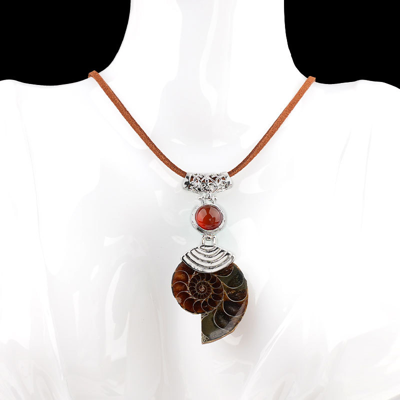 Ammonite Pendant with 8MM Gemstone Cabs Necklace Adjustable brown Rope